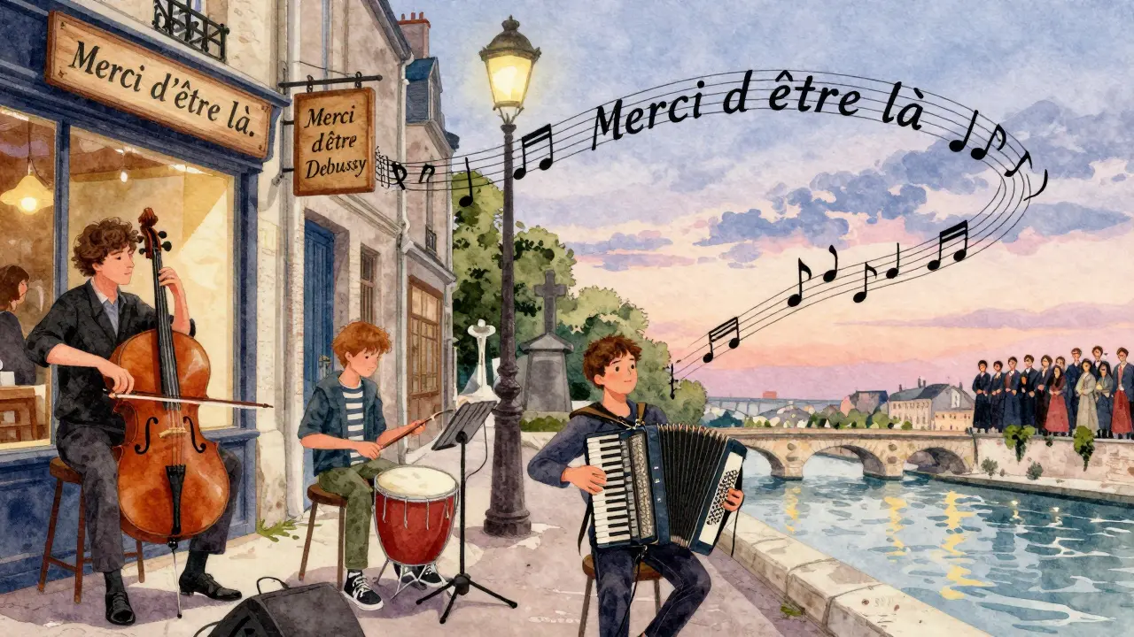 Des musiciens jouent spontanément dans les rues de Paris : un violoncelliste près d’une boulangerie, des adolescents avec des casseroles.