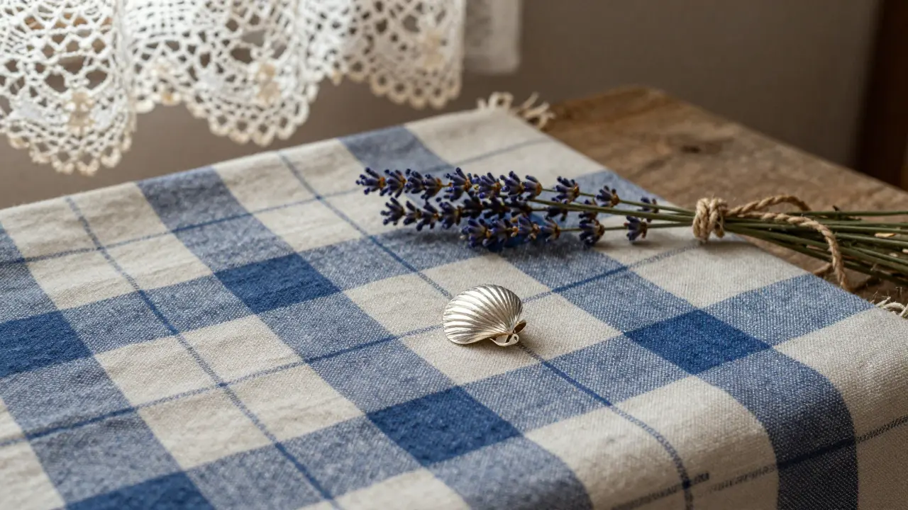Détail de tissu lin à carreaux provençaux avec une boucle d'oreille en argent et une branche de lavande.