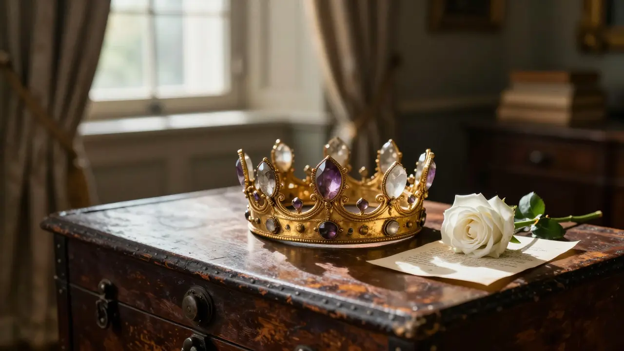 Diadème en or du XVIIIe siècle posé sur un coffre en chêne, éclairé par une lumière dorée.