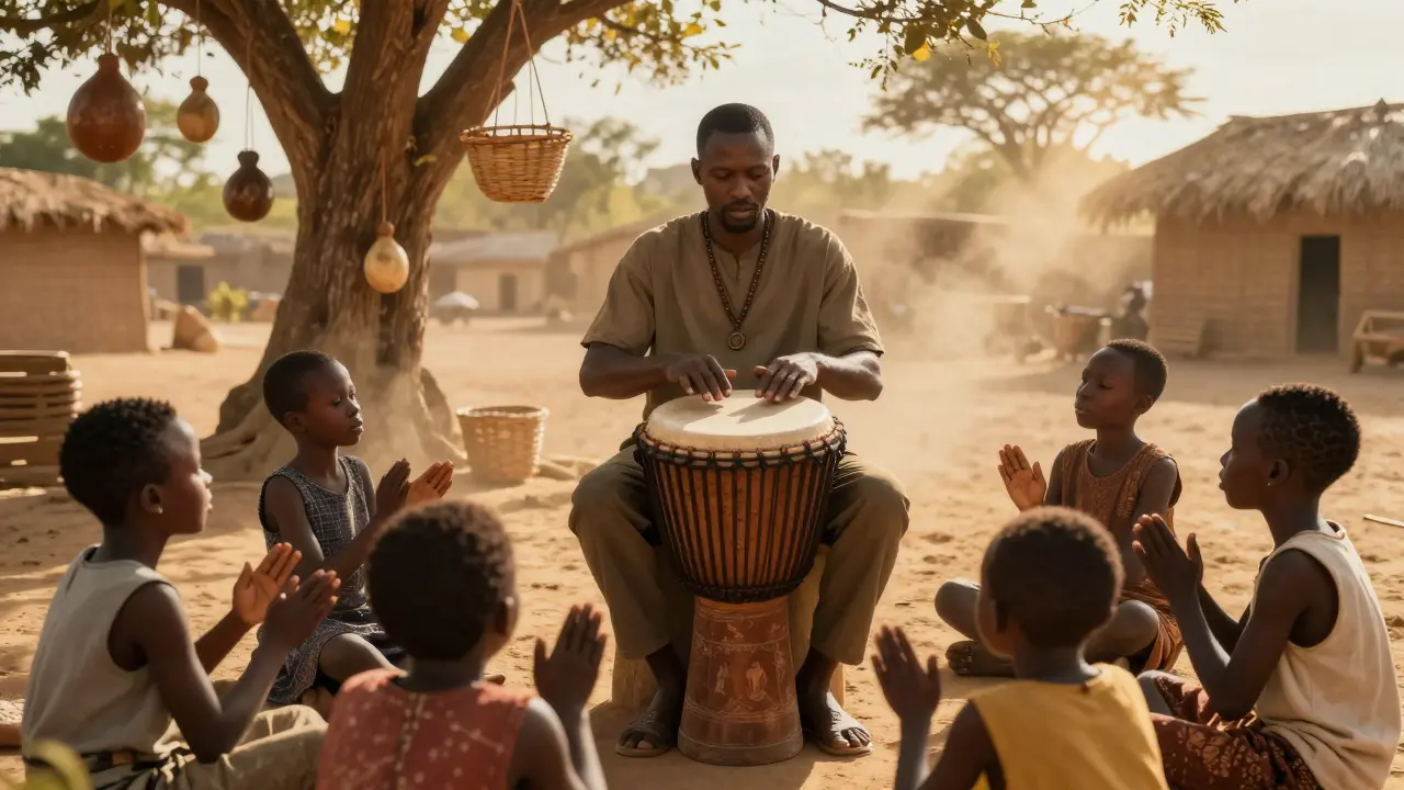 Drummeur africain jouant du djembe entouré d'enfants dans un village, sous un ciel doré.