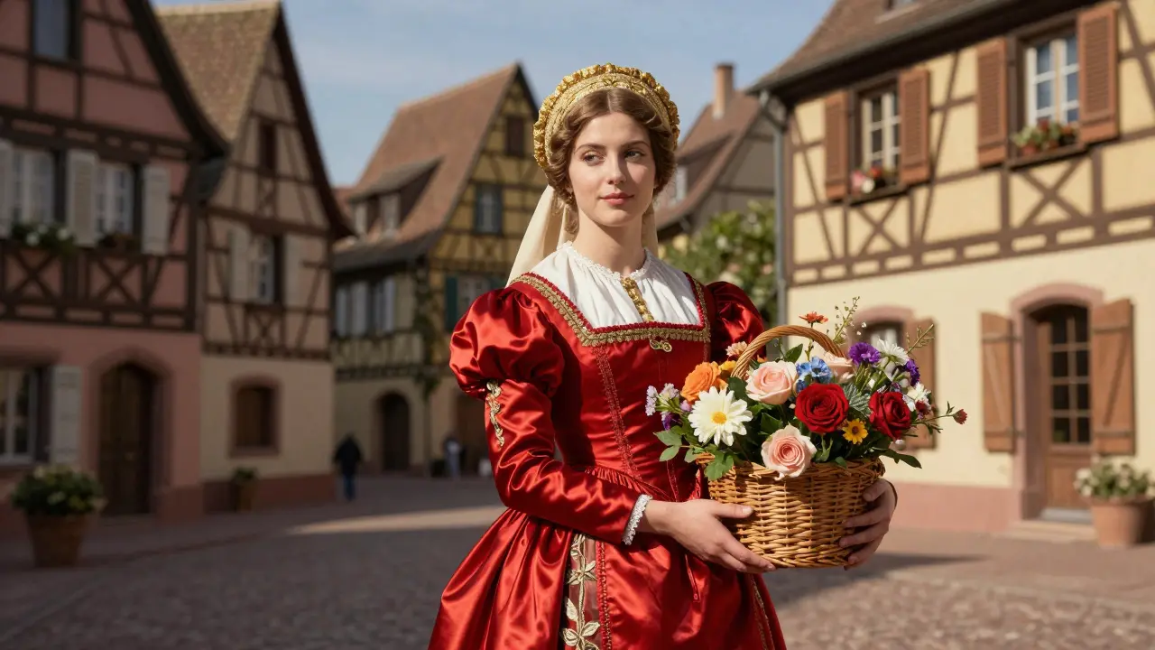 Femme alsacienne en robe rouge satinée avec une coiffe dorée, dans une place de village aux maisons à colombages.