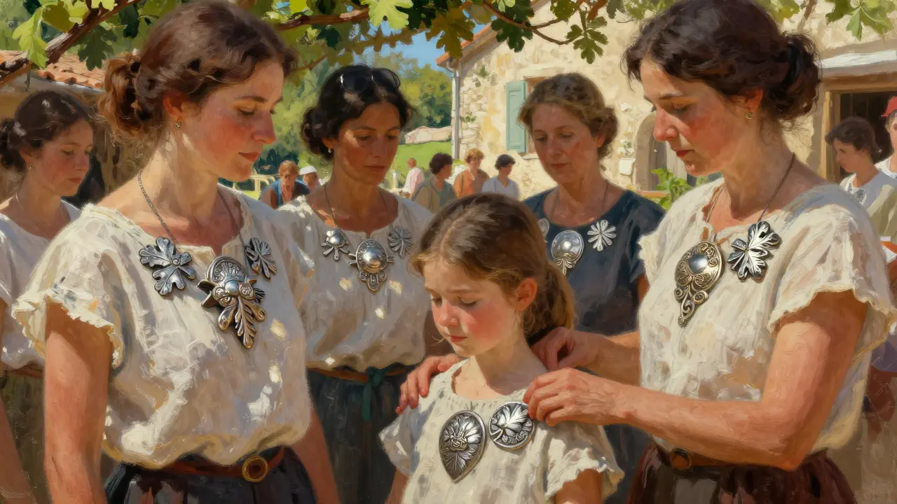 Femmes d'Occitanie portant des broches de Lavedan en argent massif lors d'une fête villageoise.