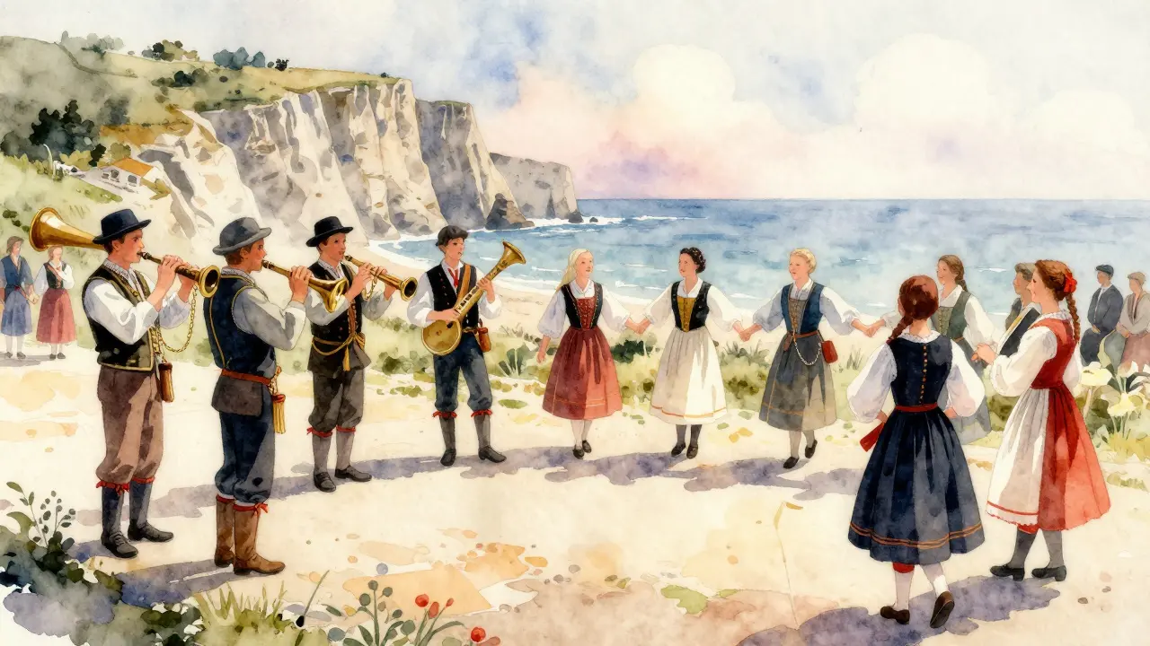 Festival breton traditionnel avec musiciens et danseurs en costumes régionaux.