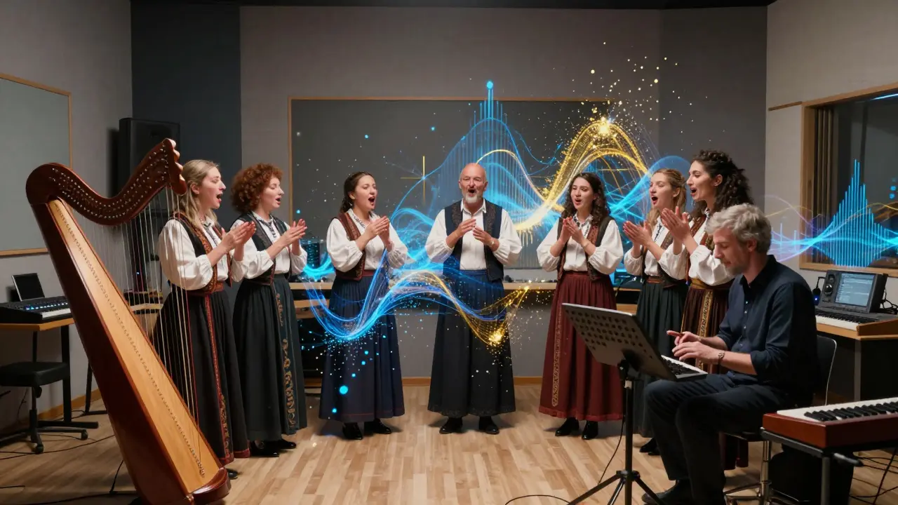 Fusion de polyphonie corse et électronique dans une performance artistique.