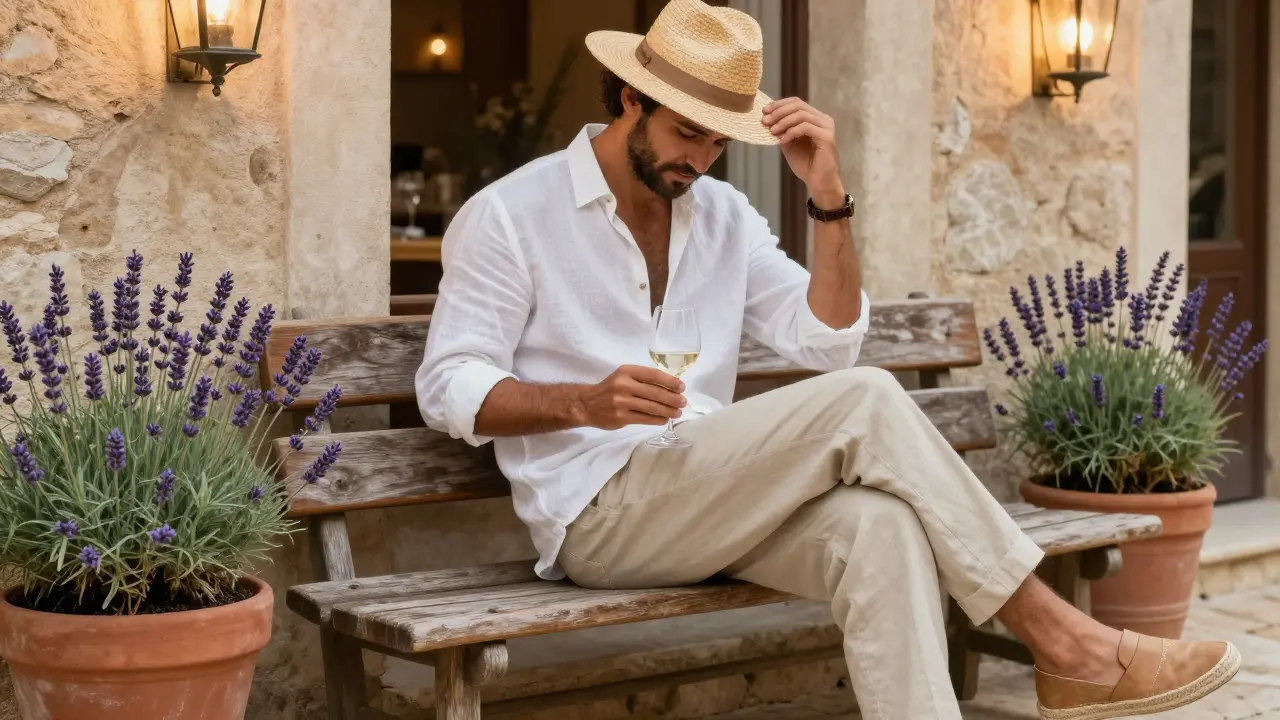 Homme en chemise lin blanche et espadrilles naturelles, assis sur un banc en bois près de lavande au coucher du soleil.