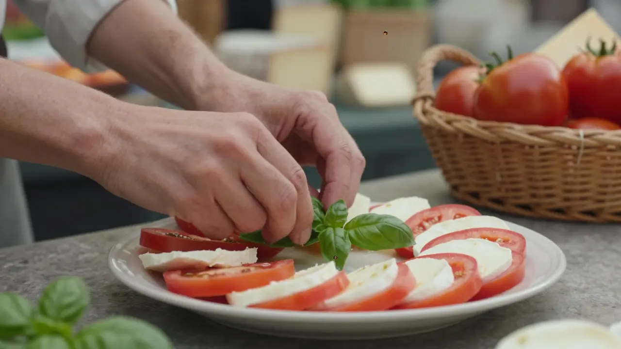 Mains déposant délicatement des feuilles de basilic sur une salade de tomates et mozzarella.