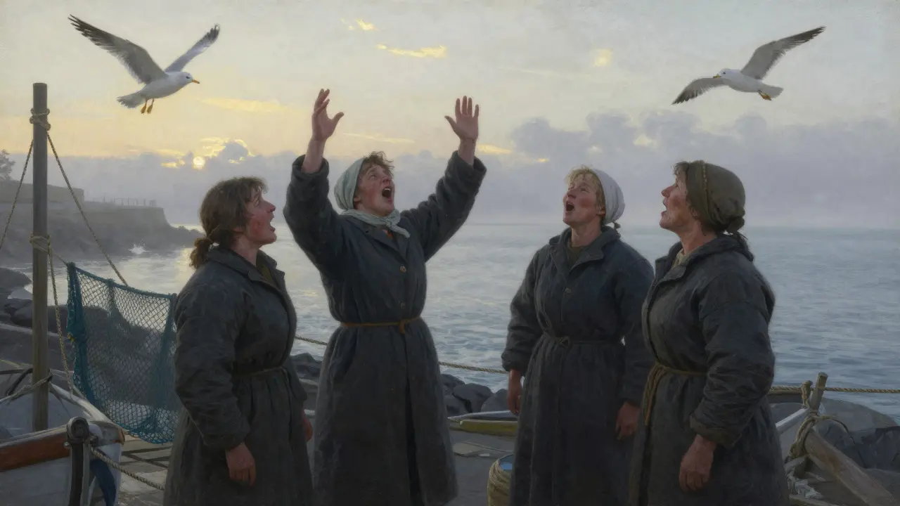 Pêcheurs bretons chantant en écho sur un quai au lever du jour, brume et vagues en arrière-plan.