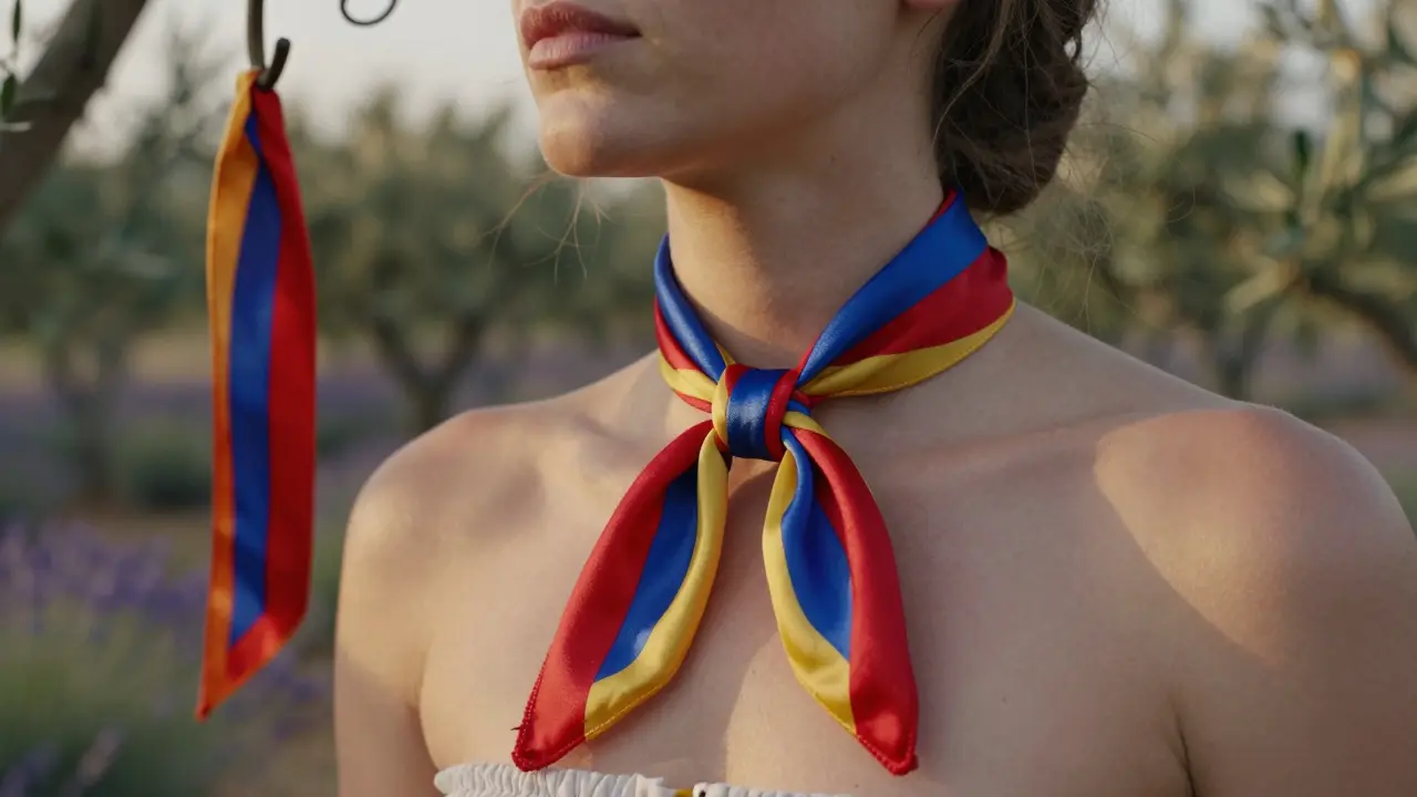 Ruban provençal tissé main noué autour du cou, dans une oliveraie au coucher du soleil.