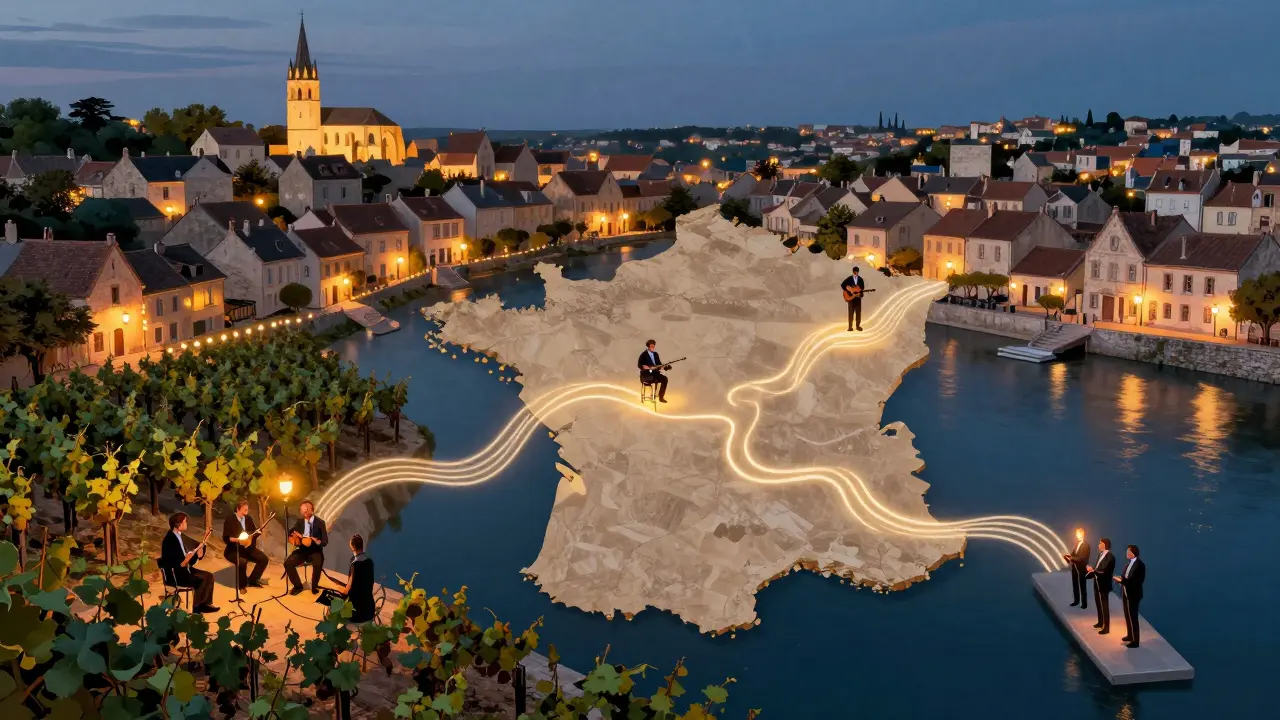 Scènes de concerts dans plusieurs villages français le 21 juin, connectés par des vagues de musique qui traversent la carte de la France.