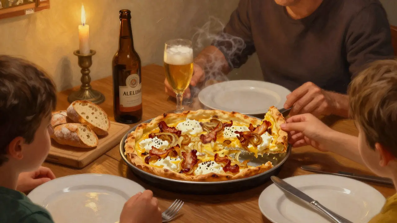 Tarte flambée chaude servie en entrée à une famille en Alsace, accompagnée de pain et de bière locale.