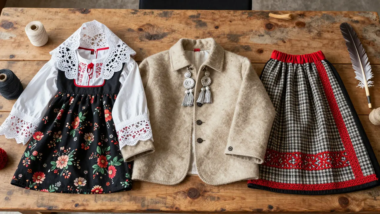Trois costumes traditionnels français mis en scène : provençal, pyrénéen et normand, avec fils de teinture naturelle et outils artisanaux.
