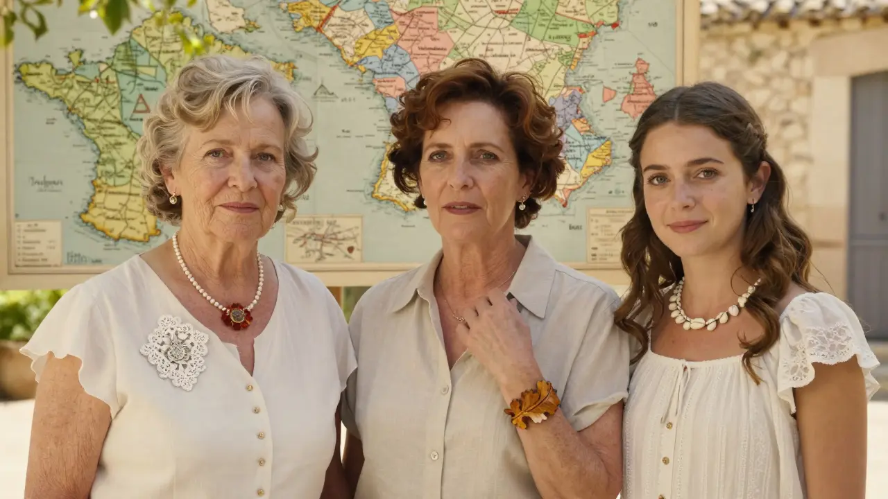 Trois générations de femmes portant des bijoux Cristal de Paris dans une cour provençale, symbole de transmission culturelle.