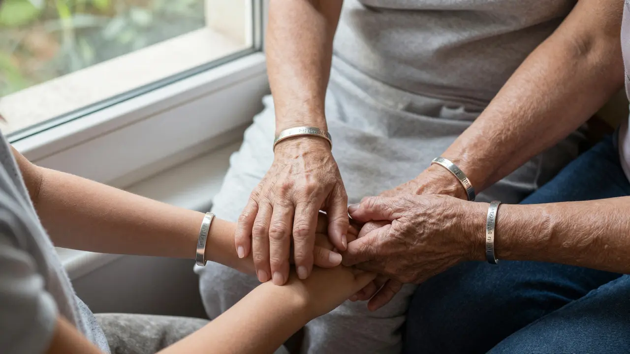 Trois générations de femmes portent des bracelets en argent gravés, leurs mains jointes près d'une fenêtre.