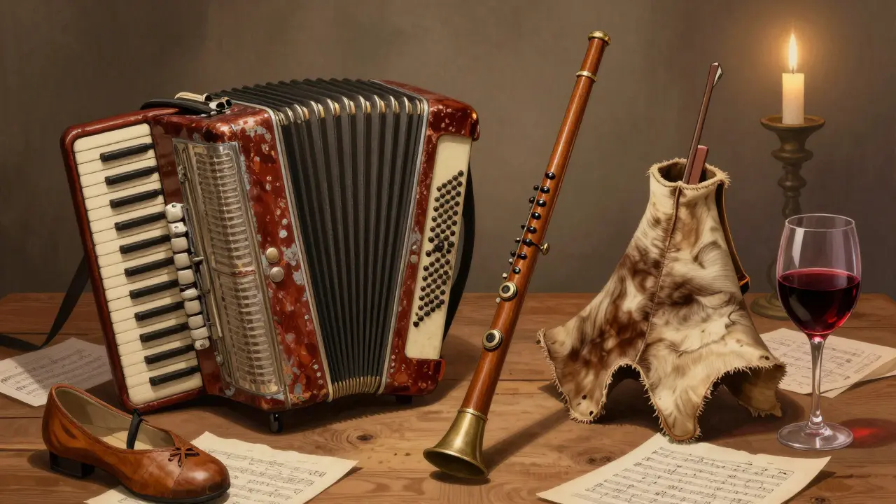 Trois instruments traditionnels français posés sur une table en bois : accordéon, bombarde et cabrette, éclairés par une bougie.