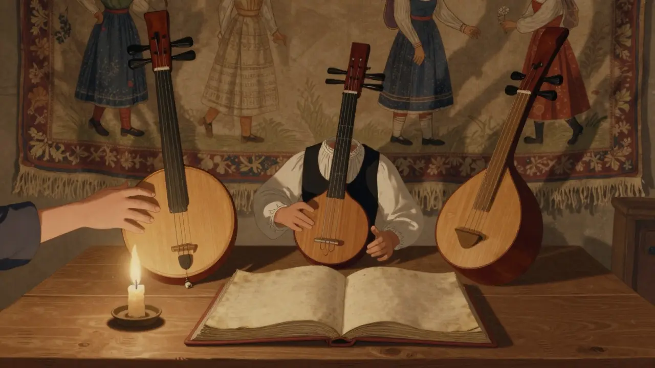 Trois instruments traditionnels français reposent sur une table près d’un livre de chants sans notes écrites.