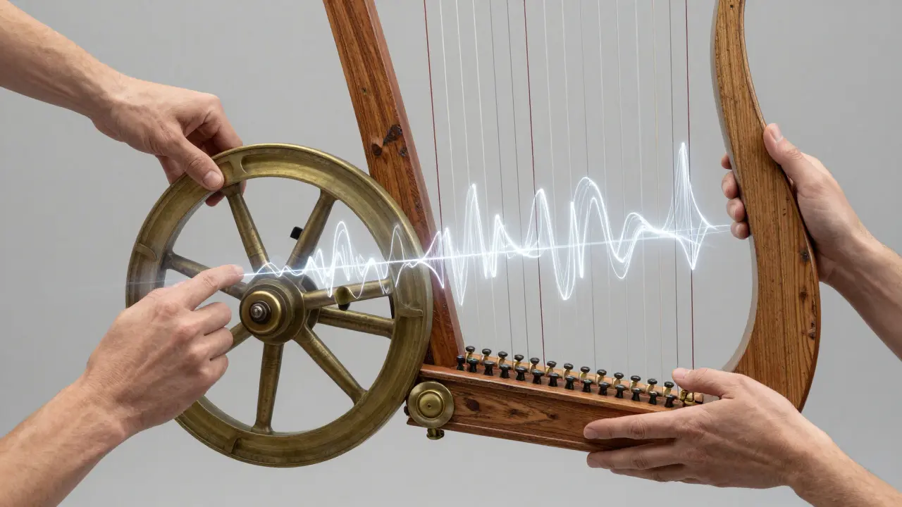 Trois mains coordonnées symbolisant les trois compétences nécessaires pour jouer de la vielle.