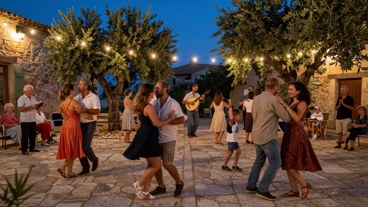 Un cercle de danseurs en Provence danse sous les lumières du soir, accompagné par un musicien au galoubet.