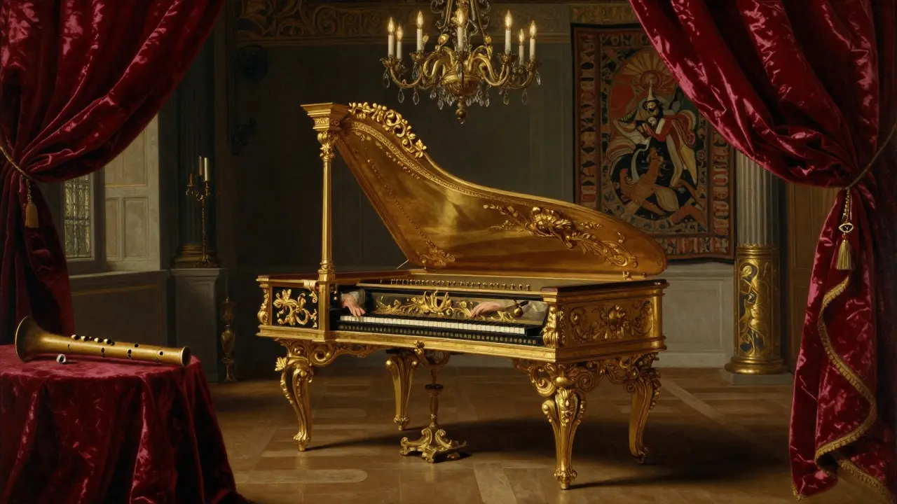 Un clavecin doré dans un salon Renaissance, avec un crumhorn et une chalemie posés à côté.