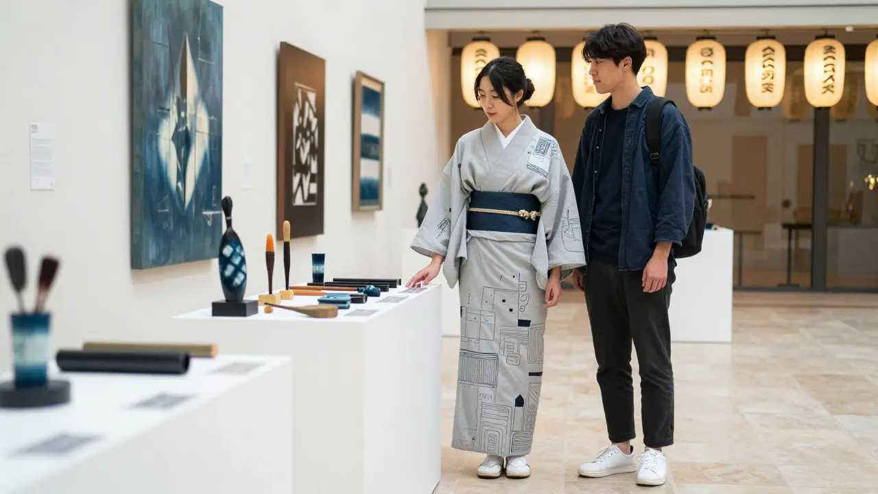 Un couple à Paris portant une version moderne du kimono avec des baskets, dans un musée mêlant cultures japonaise et française.