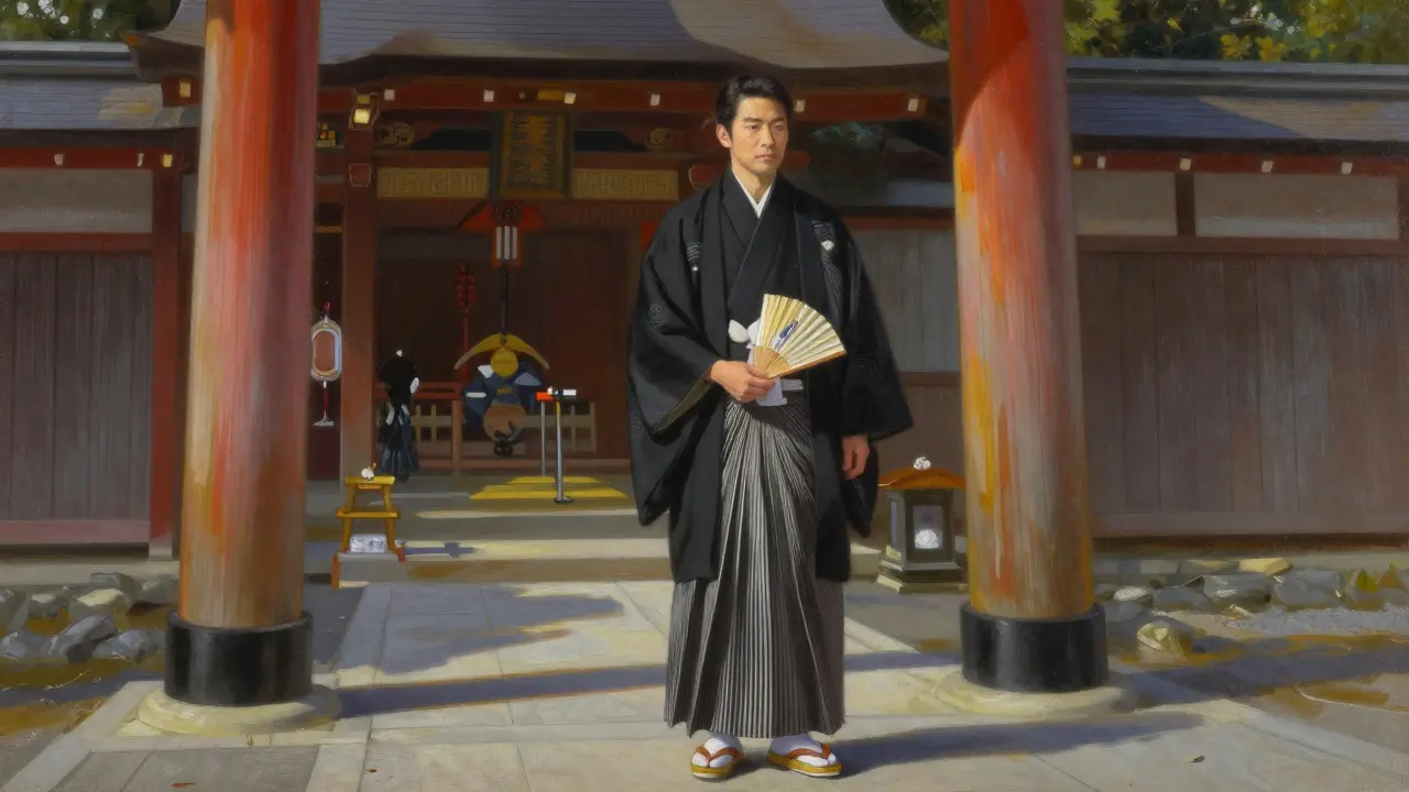 Un homme portant un kimono noir et un hakama lors d'une cérémonie de mariage shinto, sous un torii.