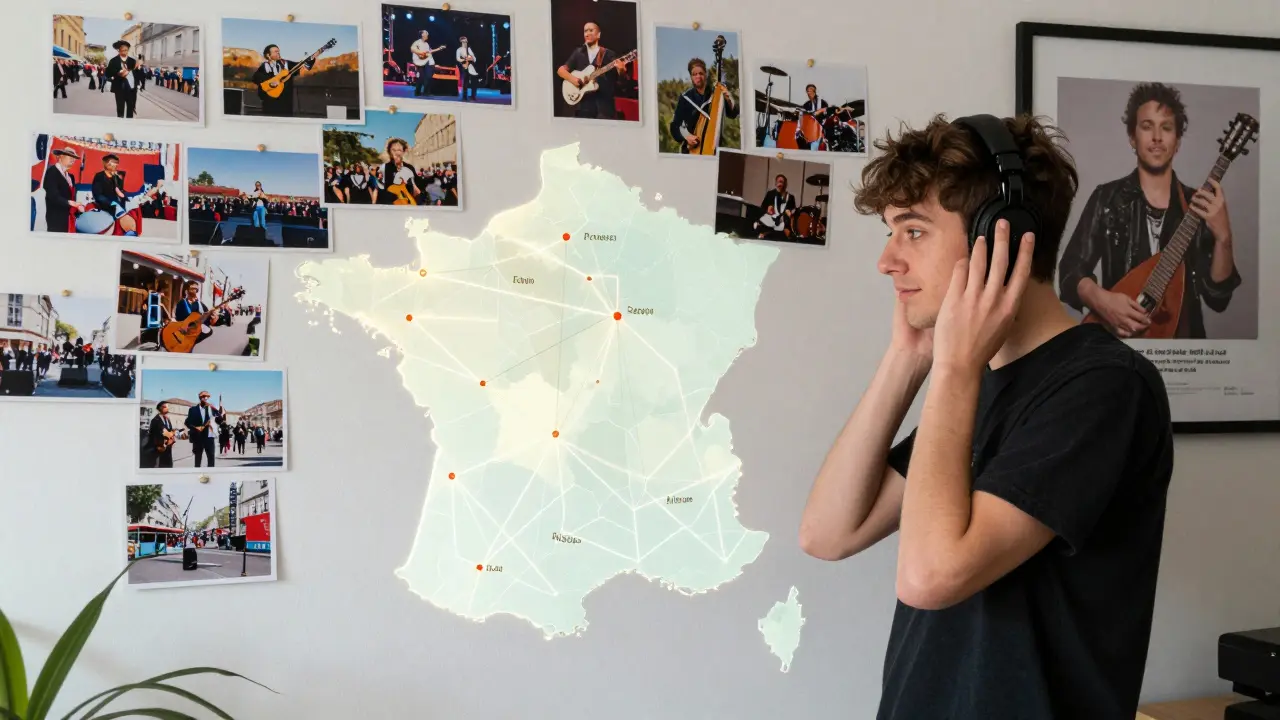 Un jeune écouteur entouré d'objets culturels français et d'une affiche de Christine and the Queens, une carte de France lumineuse s'étend derrière lui.