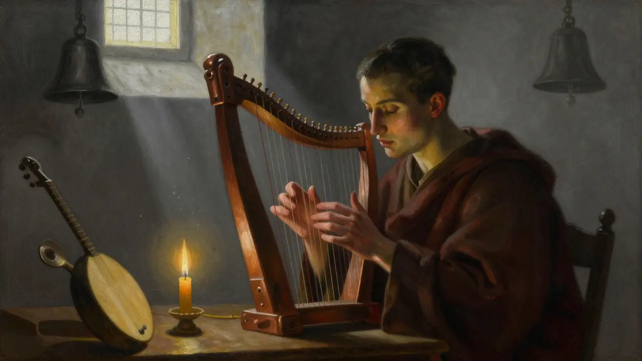 Un moine joue du psaltérion dans une chapelle, la lumière des bougies éclaire l'instrument.