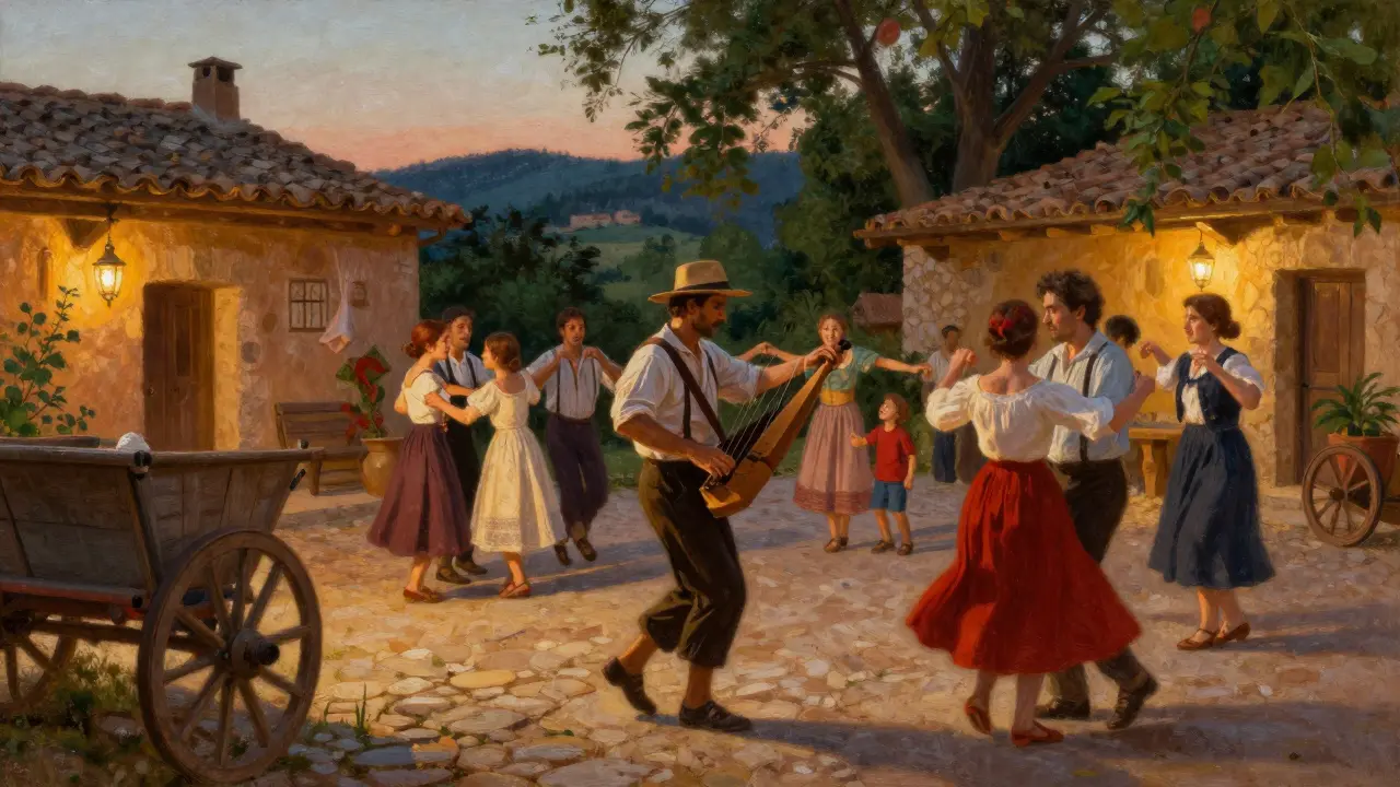 Un musicien ambulant joue de la vielle à roue dans une fête de village provençale.