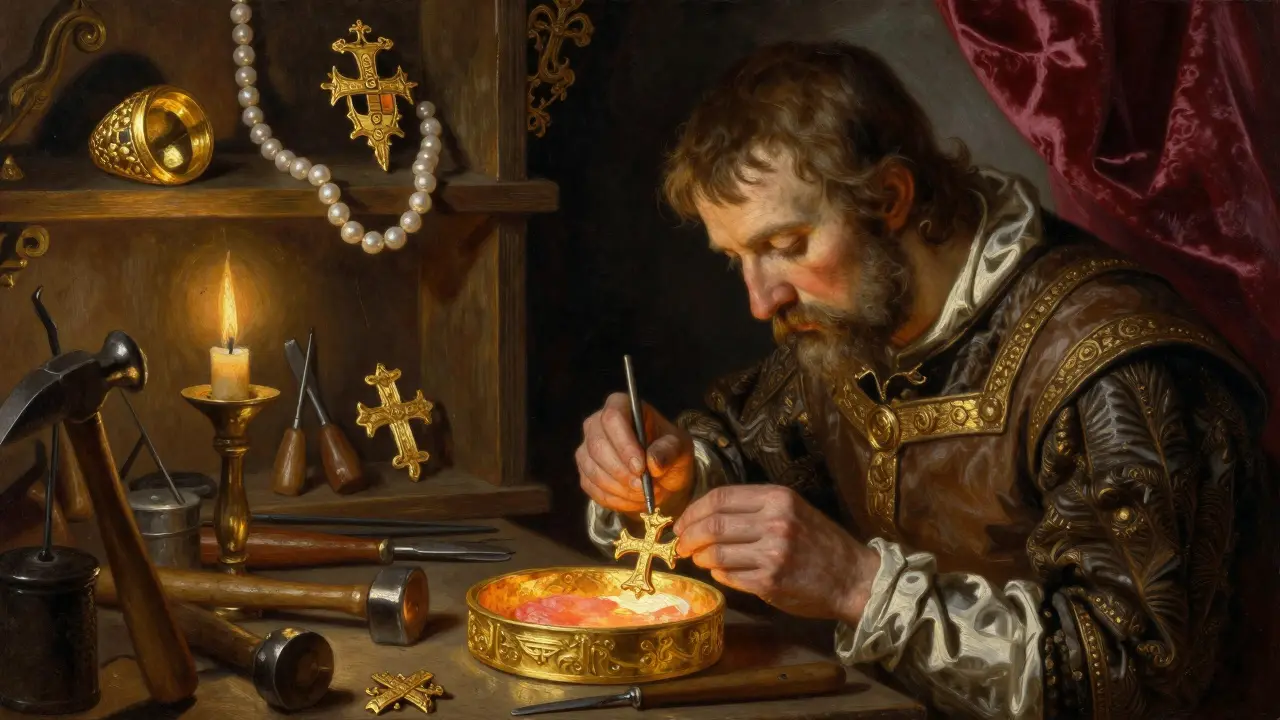 Un orfèvre médiéval français façonne une broche en or avec la technique du champlevé dans son atelier.