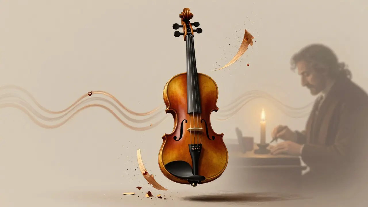 Un Stradivarius flottant entouré de particules de bois et de résine, évoquant les secrets de sa fabrication.