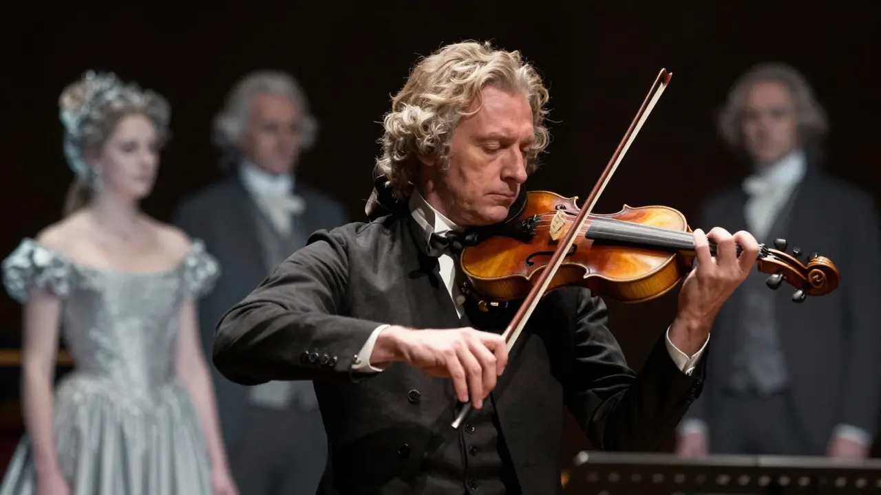 Un violoniste joue sur un Stradivarius, tandis que des silhouettes historiques flottent derrière lui comme des souvenirs.
