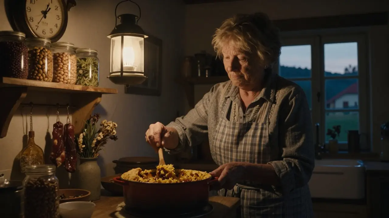Une femme âgée gratte la croûte dorée d'un cassoulet dans une cuisine de campagne, à la lueur d'une lanterne.