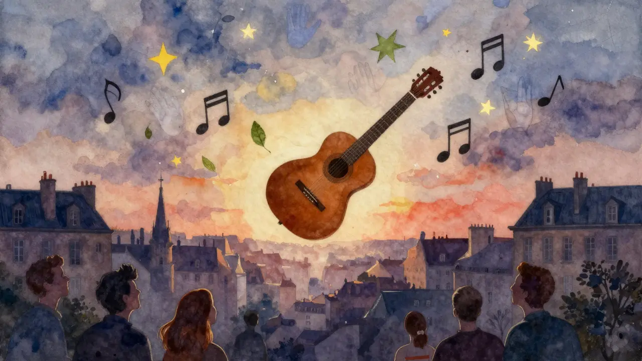 Une guitare flottant dans le ciel au coucher du soleil, entourée de notes de musique qui prennent la forme de mains et d'étoiles, tandis que des silhouettes regardent vers le haut.