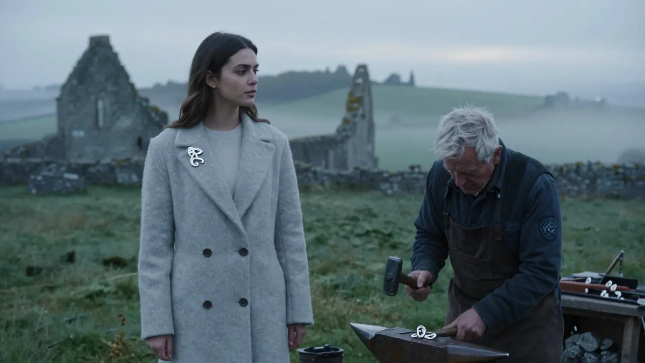Une jeune femme porte une broche en argent au motif du triskel dans un champ breton au lever du soleil.