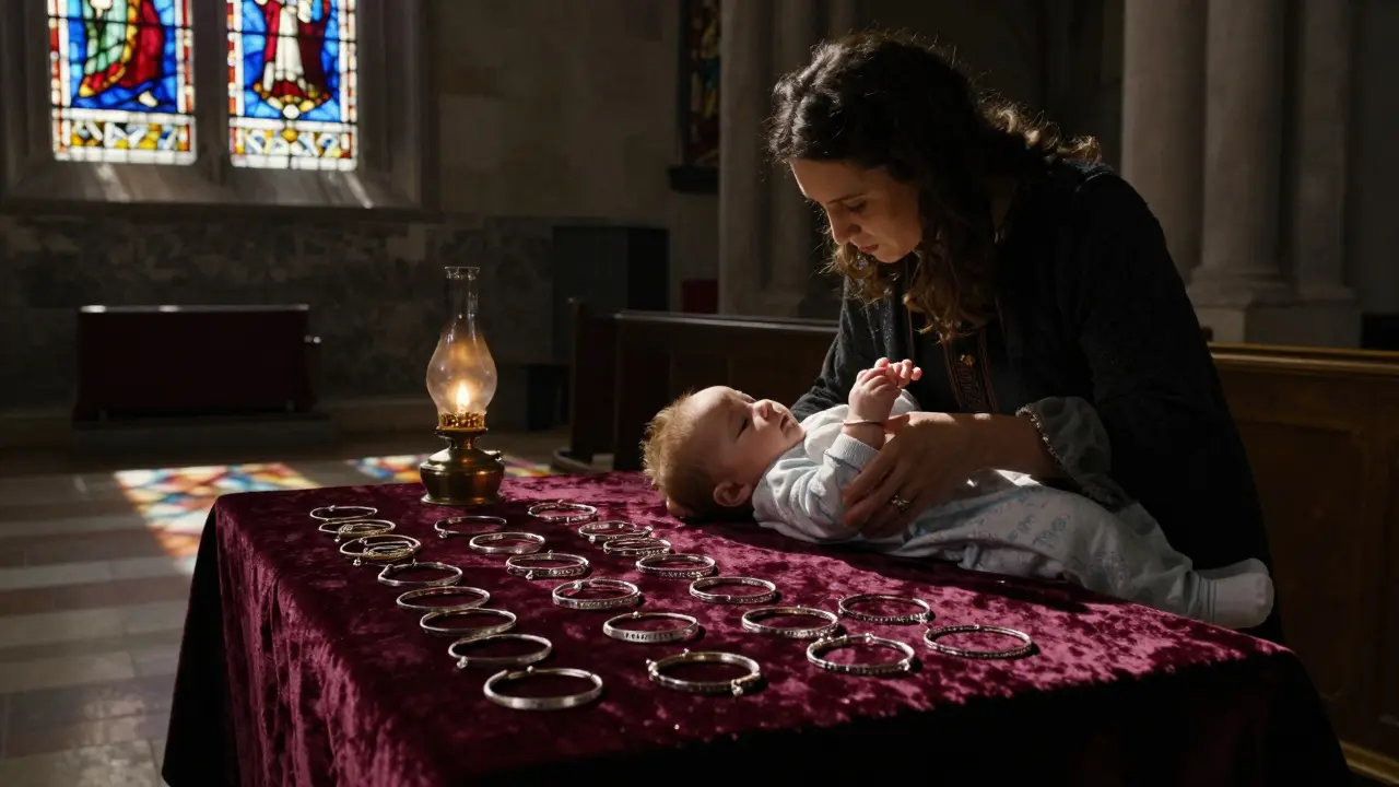 Une mère passe un bracelet en argent à son bébé dans une chapelle, avec des lumières colorées透过 vitraux.