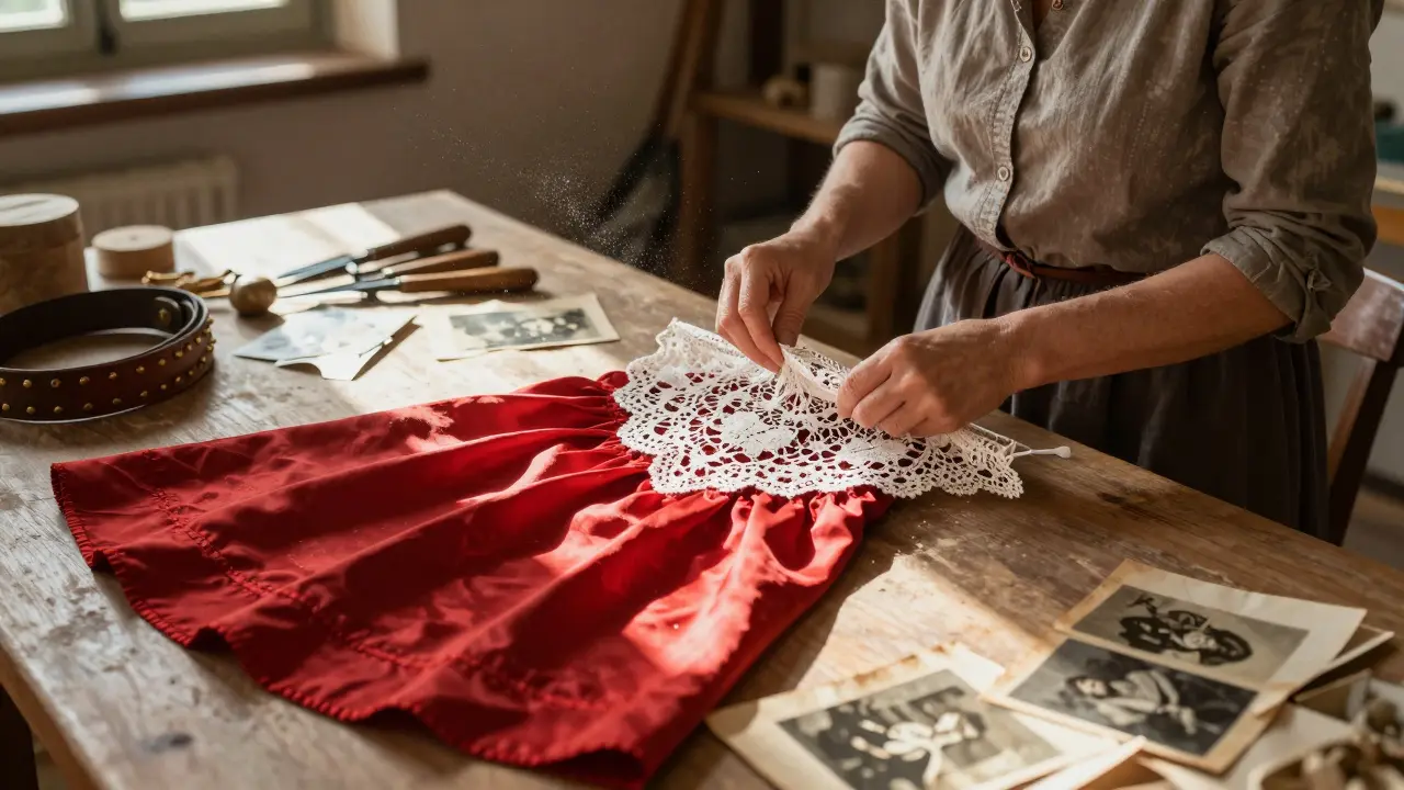 Artisane repliant une coiffe traditionnelle en Provence, entourée de tissus anciens et d'outils.