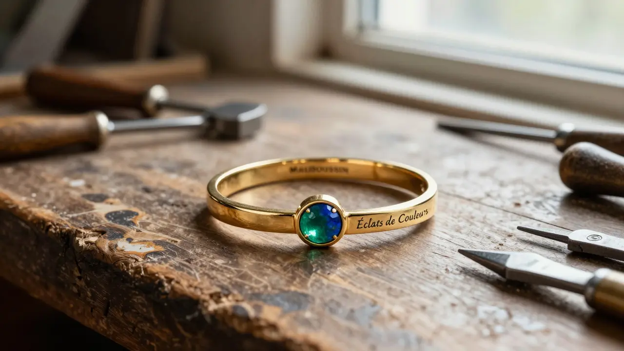 Bracelet Mauboussin en or rose avec émeraude et lapis-lazuli sur un plan de travail d'artisan normand.