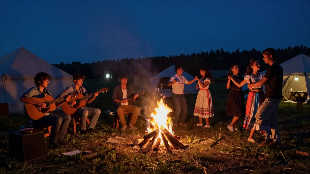 Campement autour d'un feu de joie le soir.