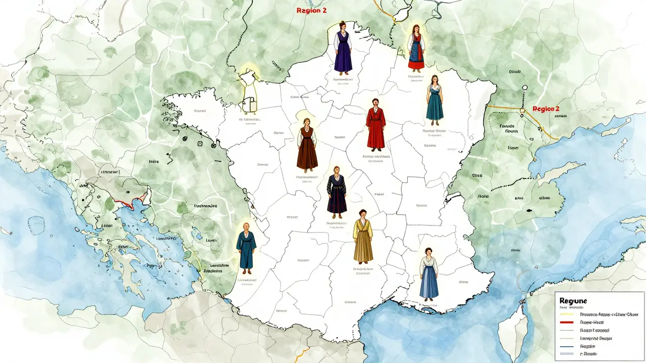 Carte de la France du Sud-Est avec des costumes traditionnels flottant au-dessus des régions.