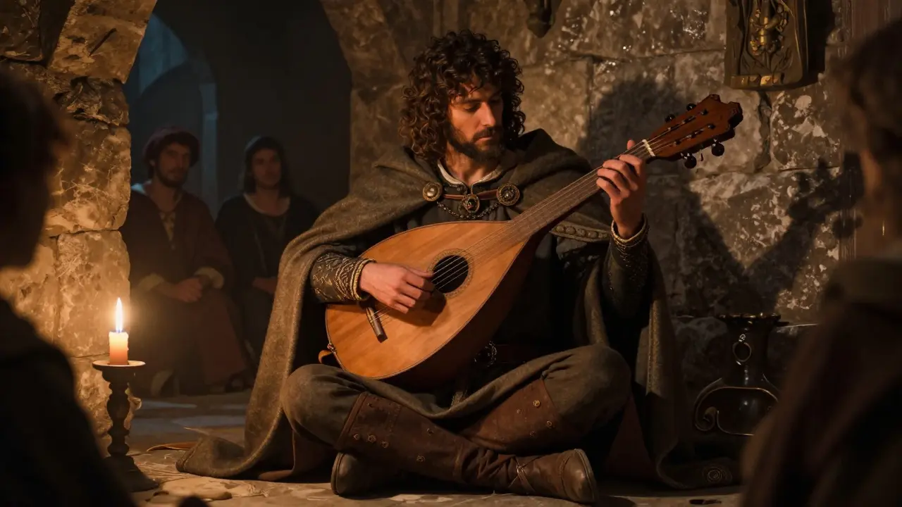 Chanteur troubadour tenant un instrument à cordes devant un feu.