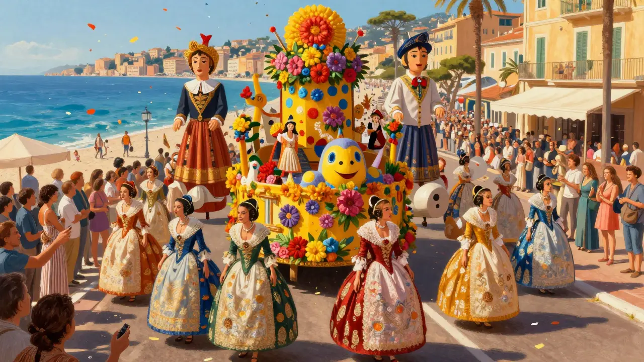 Défilé du Carnaval de Nice avec costumes traditionnels colorés et chars décorés