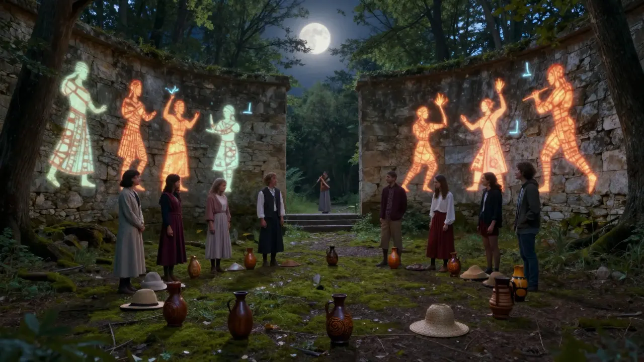 Des jeunes dans une clairière forestière observent des projections de danses anciennes sur des murs de pierre, au clair de lune.