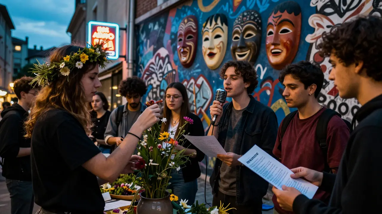 Des jeunes en ville transmettent des chants traditionnels dans un quartier contemporain.