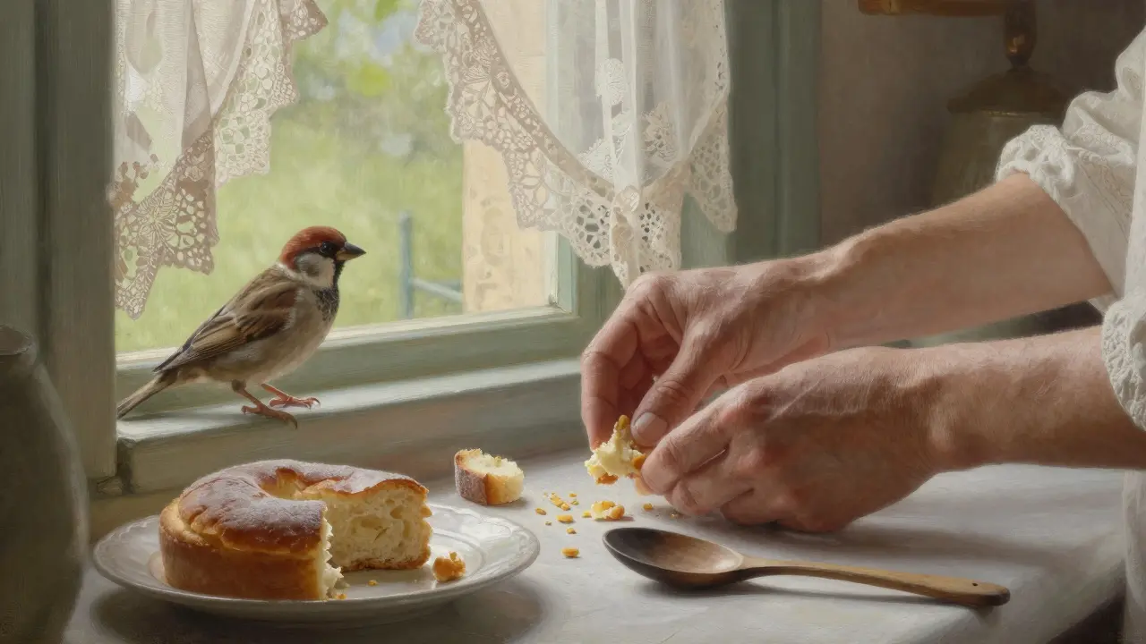 Des mains posent des miettes de pain sur un rebord de fenêtre pour les oiseaux.