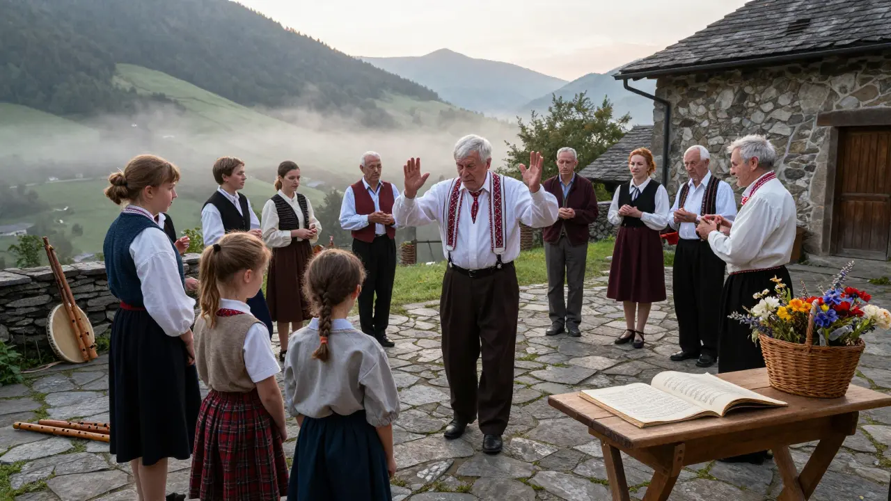 Des paysans et jeunes pratiquent la bourrée et la gavotte dans une cour de ferme, transmettant les pas de génération en génération.
