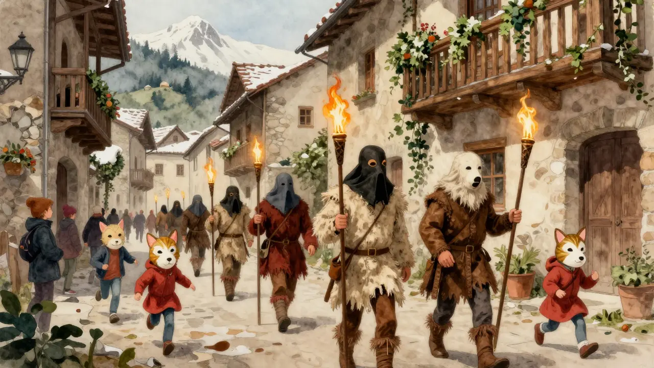 Des personnages masqués en costumes traditionnels défilent dans une rue montagnarde des Pyrénées, entourés d'enfants et de torches.