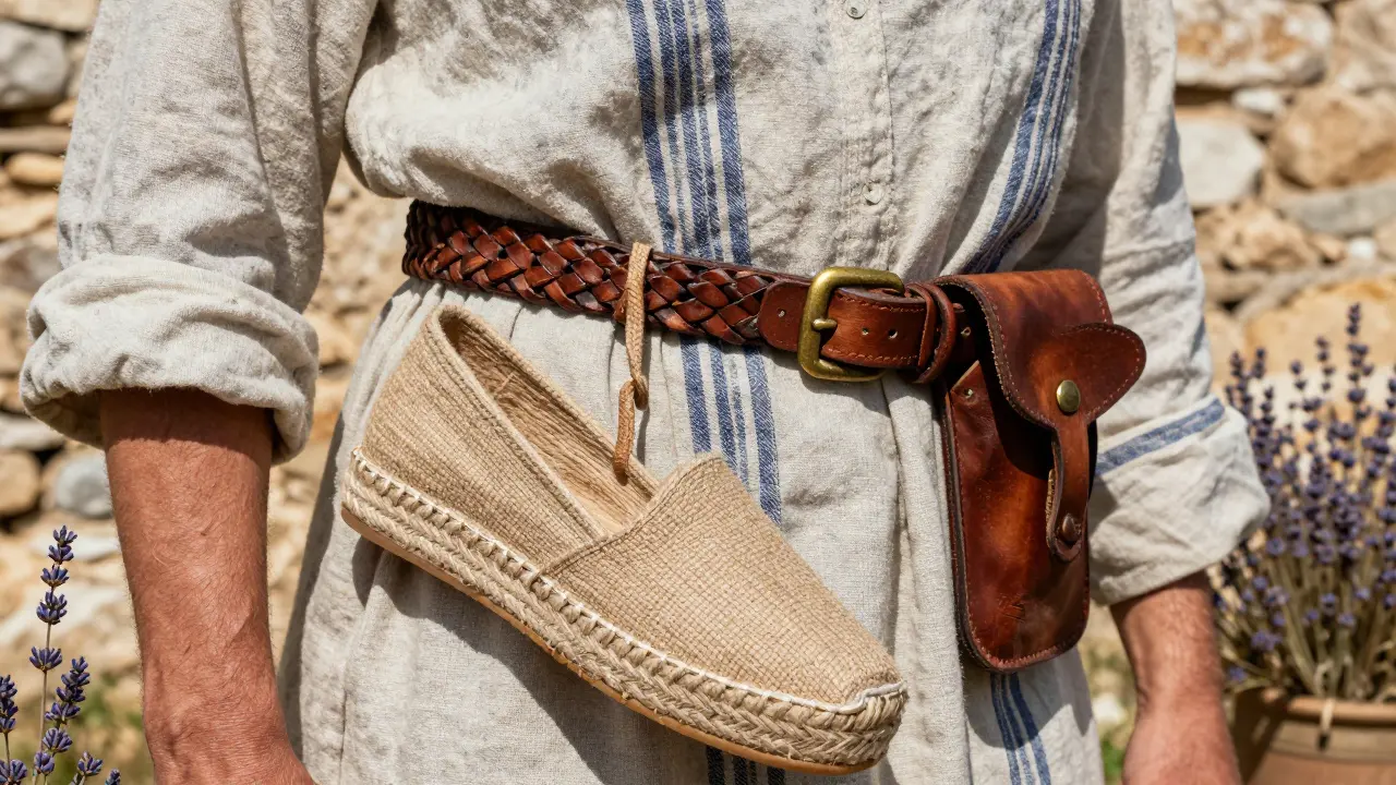 Détails d'accessoires régionaux : espadrilles tressées, ceinture en cuir et foulard en lin.