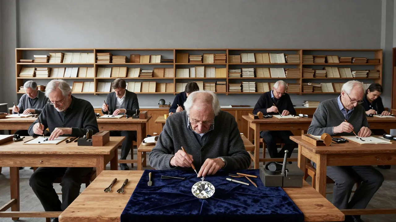 Dix-sept artisans travaillent en silence dans un atelier parisien contemporain, utilisant des outils centenaires pour créer des bijoux uniques.