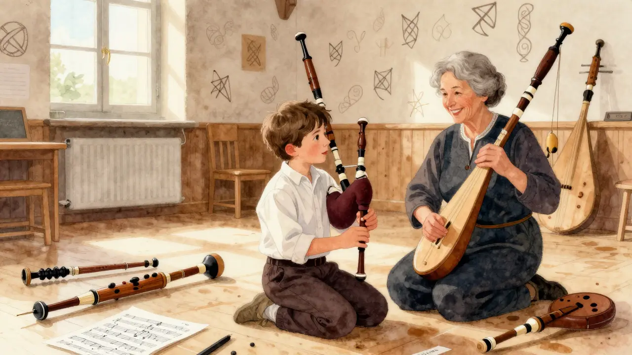 Enfant de 8 ans apprenant le biniou kozh avec une grand-mère à ses côtés, dans une salle décorée de symboles celtes.