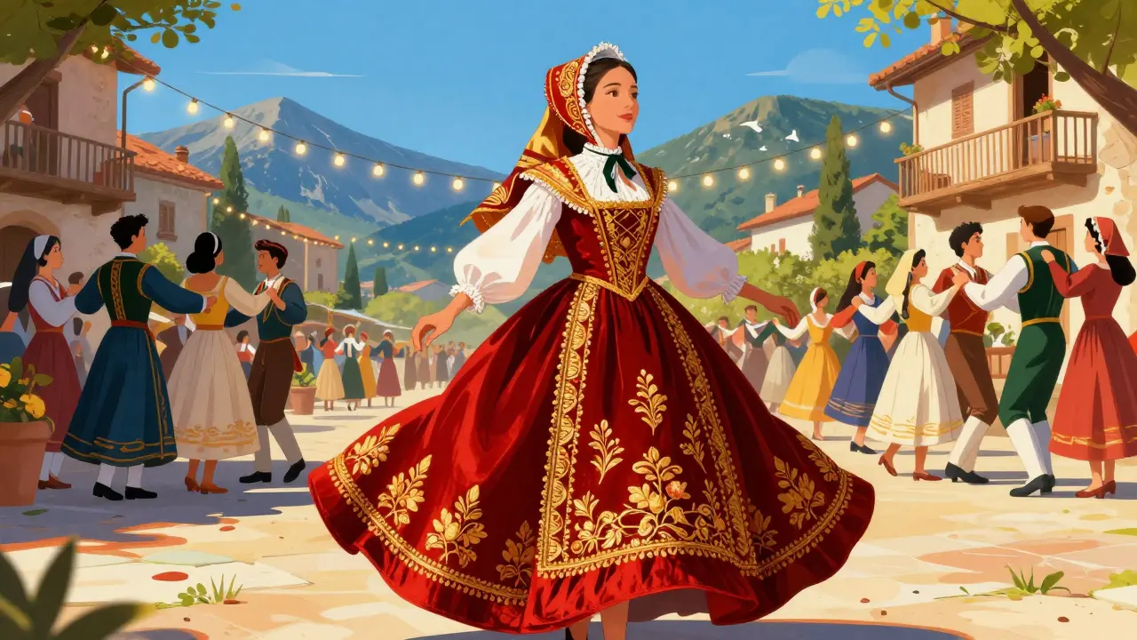 Femme d'Occitanie en jupe rouge brodée d'or, dansant lors d'une fête villageoise sous les lumières.