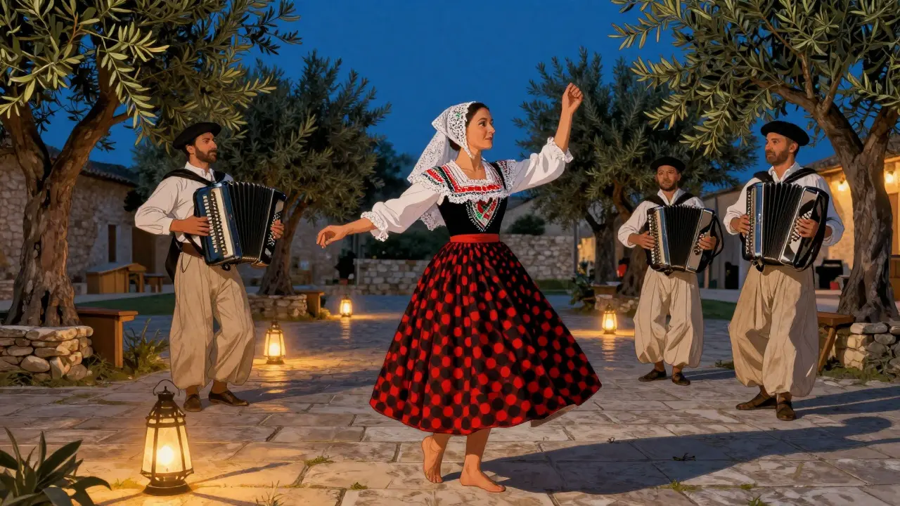 Femme en robe provençale traditionnelle dansant lors d'une fête locale sous les lanternes.